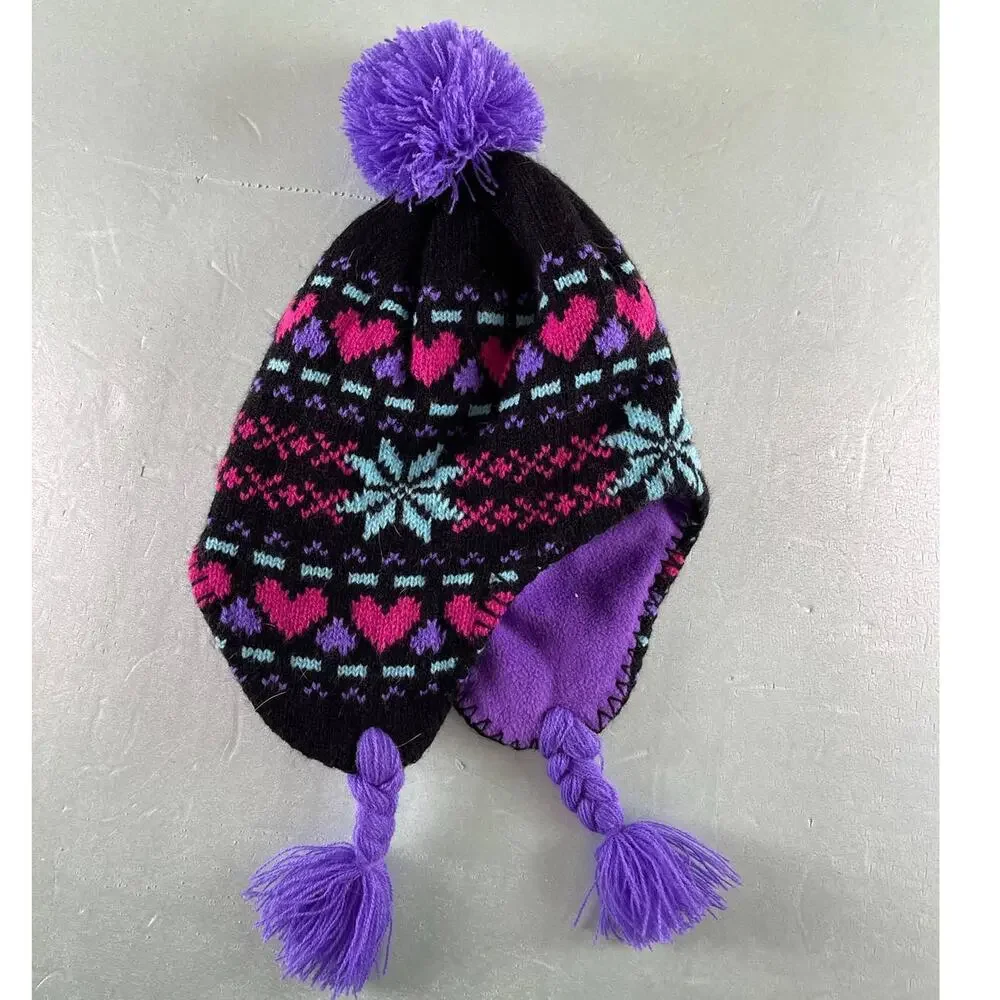 Girls Youth Trapper Hat Black Pink Hearts Snowflake Purple Braided Strap Pom Pom